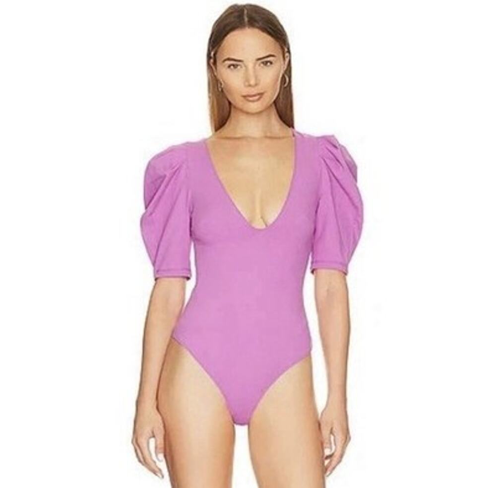 Free People Wildberry Puff Sleeve V-Neck Bodysuit XL Purple cottagecore NWT